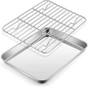 E-far Metal Toaster Oven Tray Set, 10.5”x8.3” Small Stainless Steel Baking Pan with Wire Rack for Cooking Broiling, Rimmed Metal Sheet for Roasting Cooling Cookie Bacon Steak