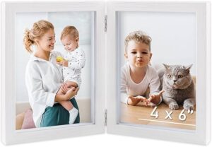 Picture Frame, Wooden Hinged Photo Frame with High Definition Plexiglas Glass, Multi Photo Frames Collage, Tabletop or Wall Display Decoration for Home & Office (Double Hinged, White, 4X6)