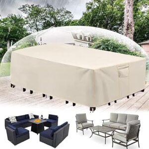 Patio Furniture Cover Set, 100% Waterproof Anti-UV Garden Sofa Covers, 420D Heavy Duty Oxford Cloth Outdoor Table and Chair Set Cover with Handles, Vents and Buckles (Beige, 250*250*90cm)