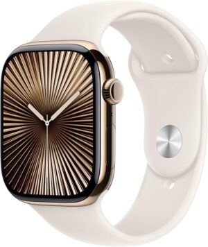 Apple Watch Series 10 GPS + Cellular 46 mm Smartwatch with Gold Titanium Case with Starlight Sport Band - S/M. Fitness Tracker, ECG App, Always-On Retina Display, Water Resistant