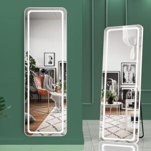 PADOM Full Length Mirror with Lights, 63" x 16" LED Floor Standing Rectangular Mirror, Adjustable Brightness & Color, Modern Style for Living Room