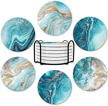 ELECDON Coasters for Drinks, Round Absorbent Ceramic Stone Coasters Set of 6 with Cork Base, Funny Drink Coasters with Holder for Cold Drinks Wine Mugs and Cups Tabletop Protection