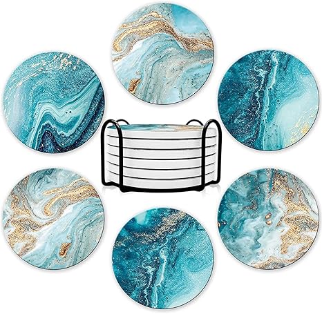 ELECDON Coasters for Drinks, Round Absorbent Ceramic Stone Coasters Set of 6 with Cork Base, Funny Drink Coasters with Holder for Cold Drinks Wine Mugs and Cups Tabletop Protection