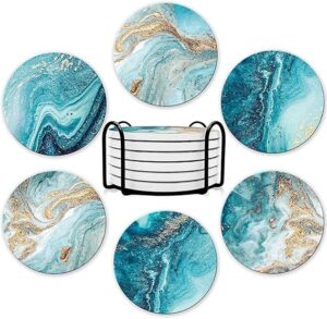 ELECDON Coasters for Drinks, Round Absorbent Ceramic Stone Coasters Set of 6 with Cork Base, Funny Drink Coasters with Holder for Cold Drinks Wine Mugs and Cups Tabletop Protection
