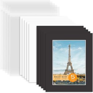 Mat Board Center, Pack of 5 Bevel Cut 8x10 Black Mat for 6x8 Photo with White Core Matte Set, Includes 5 Acid Free Mats, 5 Backing Board and 5 Clear Bags