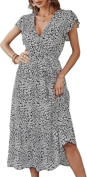 Women's Deep V Neck Boho Floral Print Midi Dress Flowy Chiffon Summer Casual Ruffle Short Sleeve A Line Long Dress