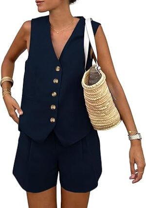 PRETTYGARDEN Piece Summer Outfit Women's Sleeveless Matching Sets Button Down V Neck Vest