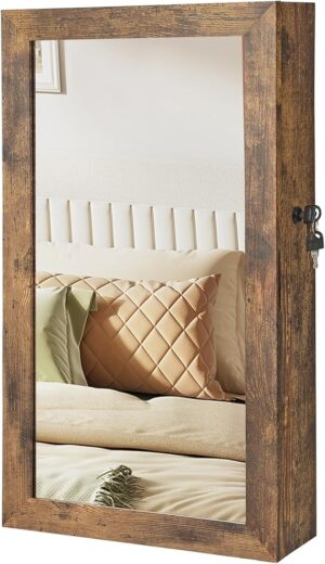 SONGMICS Lockable Jewelry Cabinet Armoire with Mirror, Wall-Mounted Space Saving Jewelry Storage Organizer, Rustic Brown UJJC051K01