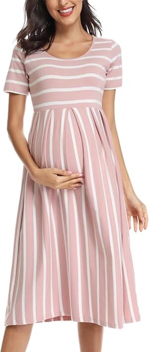BBHoping Women’s Casual Striped Maternity Dress Short&3/4 Sleeve Knee Length Pregnancy Clothes for Baby Shower