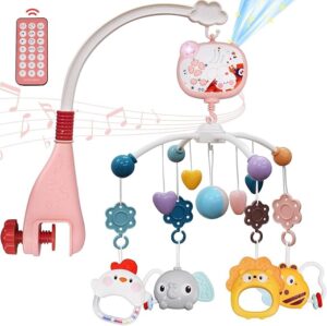Baby Crib Mobile with Music and Lights, Crib Toys with Remote Control, Rotation, Moon and Star Projection, chewing teether rattle, Baby Mobile Toy Suitable for children Newborn