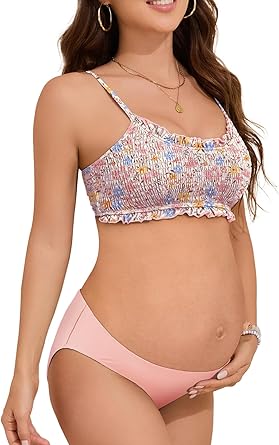Summer Mae Ruffle Maternity Swimsuit Two-Piece Low Rise Bikini Shirred Smoked Pregnancy Bathing Suit