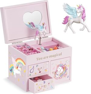 Lolalet Wooden Jewelry Box with Unicorn for Girls, Musical Children's Jewelry Organizer, Gift for Toddler Age 2 3 4 5 6 7 8 9 on Birthday -Pink