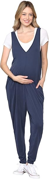LaClef Women's Maternity Sleeveless Jumpsuit with Pocket, Navy, M