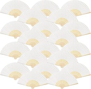 FEPITO 20 Pieces White Handheld Paper Fan Paper Folding Fans with Bamboos for Wedding Gift, Party, Home, DIY, Multicolor
