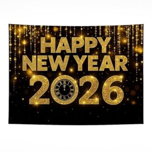 Happy New Year 2026 Banner Decoration, XL 180×110 cm Backdrop with Gold Glitter Design, Thick Reusable Fabric, Reinforced Corners & 20-ft Hanging Ribbon for Home, Office & Party Events