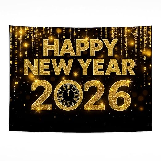 Happy New Year 2026 Banner Decoration, XL 180×110 cm Backdrop with Gold Glitter Design, Thick Reusable Fabric, Reinforced Corners & 20-ft Hanging Ribbon for Home, Office & Party Events