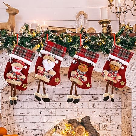 Christmas Stocking, 4PCS 12" Classic Large Stockings Santa, Snowman, Reindeer Xmas Character for Kids Gift Stocking Bags and Christmas Hanging Socks Family Holiday Christmas Party Decorations