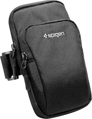 Spigen Dynamic Shield Running Armband Phone Holder up to 6.9 inch [Ultra-Lightweight] Dual Pocket [Water Resistant] compatible with iPhone 17 16 15 14 13 12 Pro Max, Samsung S25 Ultra & more - Black