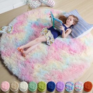 Amdrebio Rainbow Fluffy Round Rug 4Ft Kids Rugs for Girls Bedroom, Unicorn Room Decor, Colorful Pastel Shag Carpet for Preppy Dorm, Cute Fuzzy Kawaii Circle Area Rug, Soft Play Mat for Baby Nursery