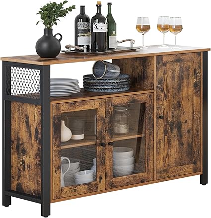 VASAGLE Sideboard Kitchen Cabinet Storage Cabinet with 3 Doors for Living Room Kitchen Dining Room 110 x 33 x 75 cm Industrial Style Vintage Brown/Black LSC096B01