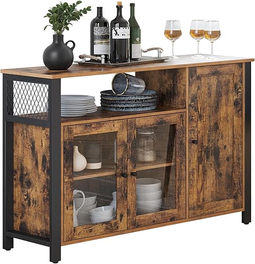 VASAGLE Sideboard Kitchen Cabinet Storage Cabinet with 3 Doors for Living Room Kitchen Dining Room 110 x 33 x 75 cm Industrial Style Vintage Brown/Black LSC096B01