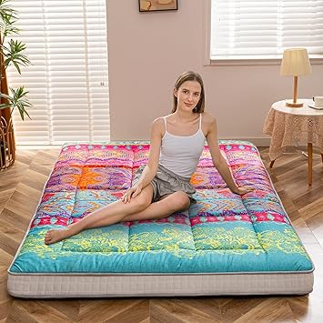 LIODUX Japanese Floor Futon Mattress, Thicken Daybed Futon, Sleeping Pad Foldable Roll Up Dormitory Mattress Pad, Guest Tatami Mat, Sleeping Floor Lounger Bed Couches & Sofas (Bohemian-B, Full)