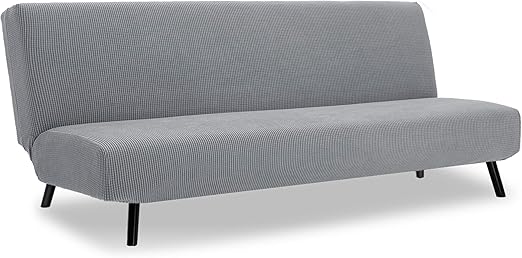 EM Armless Polyester Spandex Stretch Futon Slipcover Protector 3 Seater Sofa Cover (Light Grey)