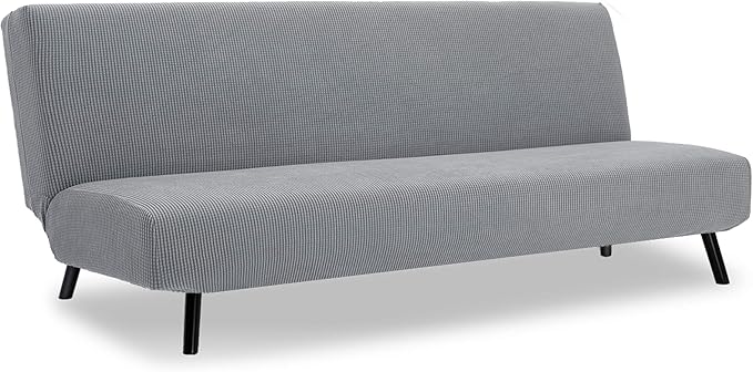 EM Armless Polyester Spandex Stretch Futon Slipcover Protector 3 Seater Sofa Cover (Light Grey)