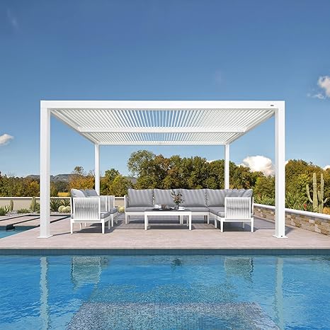 PURPLE LEAF White Louvered Pergola 3.65M x 3.65M Outdoor Aluminum Pergola, Hardtop Gazebo with Adjustable Roof for Deck Backyard Patio,Pure White