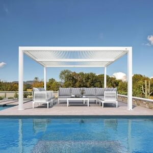 PURPLE LEAF White Louvered Pergola 3.65M x 3.65M Outdoor Aluminum Pergola, Hardtop Gazebo with Adjustable Roof for Deck Backyard Patio,Pure White