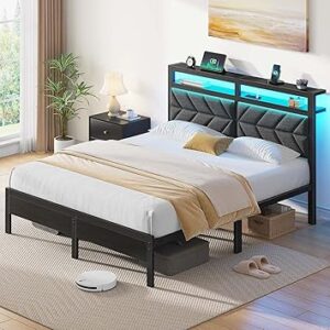 Bed Frame King Size 180cm Wide, Storage Headboard with Outlets, Easy to Install, Sturdy and Stable, No Noise, No Box Springs Needed, Rustic Brown and Black (Black, King (180 * 200cm))