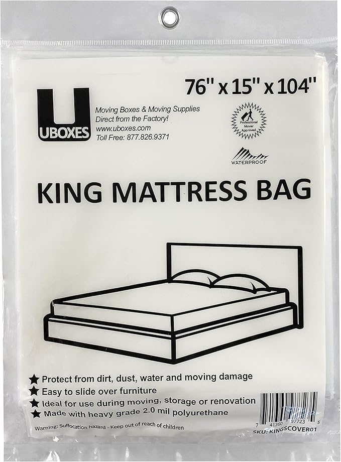 uBoxes Moving Supplies King Mattress Cover/Bag 76" x 15" x 104", Clear