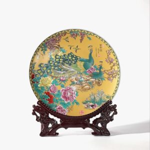 LIYAOLI Decorative Plates for Display,2024 Chinese Classical Colorful Peacock Birds and Peony Flowers Plate Decor Handmade Art Decor for Display Living Room Table