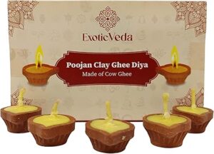 Handcrafted PUJAN Clay Diya Set of 15 - Eco-Friendly Homemade Diya with Premium Cow Ghee Wick for Spiritual Rituals, and Religious Ceremonies, Meditation.