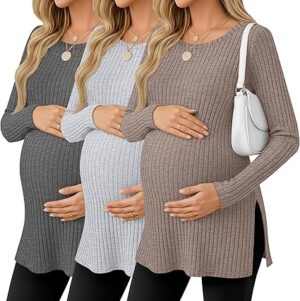 Ficerd 3 Pack Women's Maternity Shirts, Ribbed Long Sleeve Pregnancy Sweaters Crew Neck Slit Side Knit Pregnant Tunic Tee Top