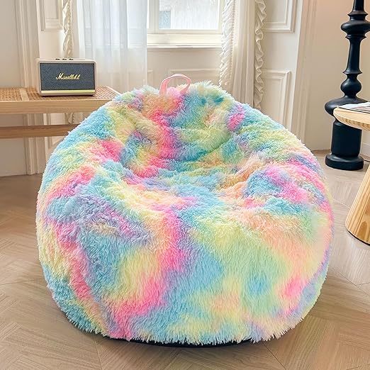 XeGe Faux Fur Bean Bag Cover for Living Room(No Filler), Tie Dye Fluffy Stuffed Animal Storage Beanbag Cover, Furry Fuzzy Big Gaming Bean Bag for Adults Teens Kids Girls, Anti-Slip, Rainbow