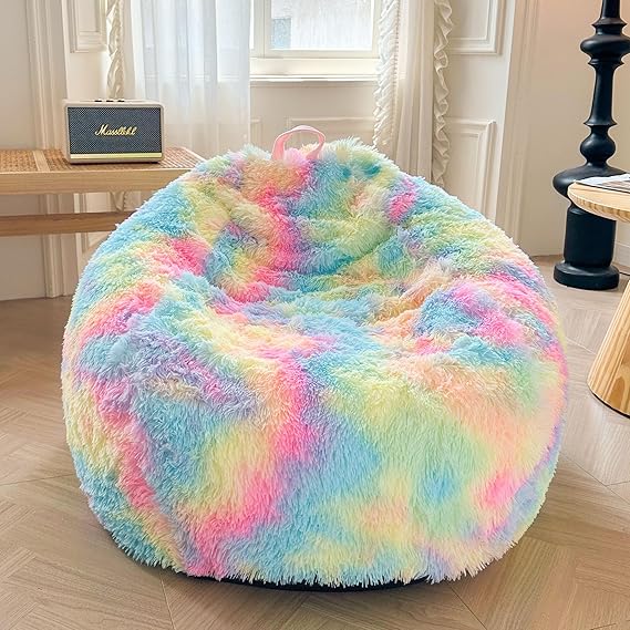 XeGe Faux Fur Bean Bag Cover for Living Room(No Filler), Tie Dye Fluffy Stuffed Animal Storage Beanbag Cover, Furry Fuzzy Big Gaming Bean Bag for Adults Teens Kids Girls, Anti-Slip, Rainbow