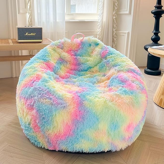 XeGe Faux Fur Bean Bag Cover for Living Room(No Filler), Tie Dye Fluffy Stuffed Animal Storage Beanbag Cover, Furry Fuzzy Big Gaming Bean Bag for Adults Teens Kids Girls, Anti-Slip, Rainbow