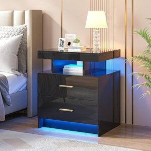 Black Nightstand with Charging Station, LED Bedside Table with 2 Drawers, Night Stand with 3 Color & Adjustable Lights for Bedroom, Livingroom