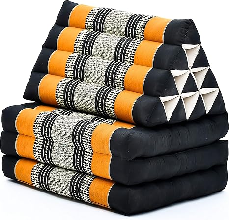 Leewadee - Comfortable Japanese Floor Mattress - Thai Floor Bed With Triangle Cushion - Futon Mattress - Thai Massage Mat, Black Orange, Kapok Filling