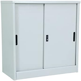 RIGID Curved Steel Sliding Doors Storage Cabinet | Metal Storage Unit with Key Lock & Adjustable Shelf | Heavy Duty Small Cupboard for Home Office Gym Hospital (Grey, 93.5H x 90W x 47D CM) -Assembled
