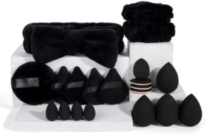 Powder Puff and Makeup Sponges Set, Reusable Face Makeup Sponge Blender with Strap, Wet/Dry Use for Foundation & Powder, Fluffy Bow Headband and Wrist Absorbent Wristband (20PCS-Black)
