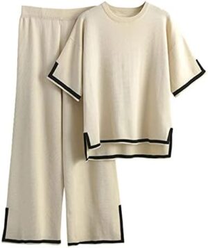 Faleave Women's Knit Sweater Set, Short-Sleeved, No Buttons, Elastic Waist, Wide-Leg Lounge Pants, 2-Piece Set