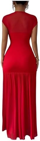 GORGLITTER Women's Ruched Flared Flowy Maxi Dresses Mock Neck Cap Sleeve Elegant Summer Dress