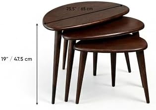 Solid Nesting Table Set of 3 - Oak Mid Century Pebble Tables with Tapered Legs – Wooden Home Furniture in a Retro Style
