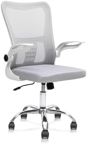 Multi Home Furniture White Mesh Office Chair – Swivel Desk Chair with Lumbar Support, Flip-Up Arm & Chrome Base – Ergonomic Chair Adjustable Computer Chair for Home Office, Study, Gaming & Workstation