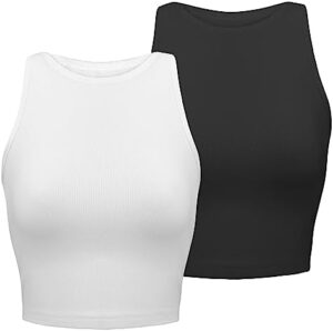 2 Pieces Women's Stretchy Crop Tank Tops Crew High-Neck Basic Solid Cami Vest Top