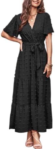 MASCOMODA Women’s Maxi Dresses, Boho, Swiss Polka Dot, Wrap V Neck, Flutter, Short Sleeve, Tie, Solid Color, Belt, A Line, Long Fluid Dresses
