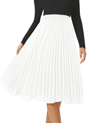 Women's Midi Skirt Elastic High Waist Pleated Skirt Knee Length Swing A-Line Casual Flowy Skirts 2025