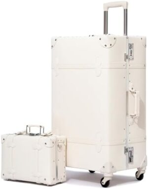 urecity Vintage Luggage Set, 2-Piece Retro PU Leather Suitcase for Women, Stylish Travel Luggage with Spinner Wheels and Beauty Case, Elegant Designer Trunk Luggage (Pure White, 20"+12")